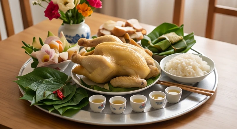 Mâm cúng mặn truyền thống với gà luộc, xôi đỗ, trầu cau và rượu trắng dùng trong lễ tạ ơn thần linh