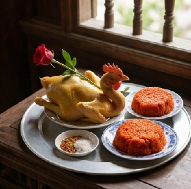 Văn khấn đình làng ngày rằm: Bài cúng ngày Vọng & trình tự chuẩn 3 Mâm lễ mặn dâng ban Thành Hoàng làng với gà trống luộc nguyên con ngậm hoa hồng và xôi gấc