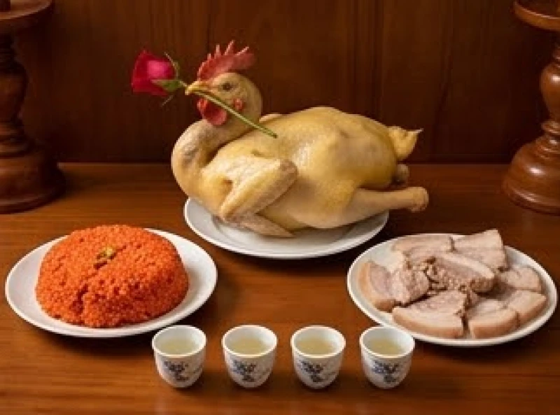 Mâm cúng mặn dâng Thổ Công đầy đủ với gà trống luộc ngậm hoa hồng, xôi gấc, thịt lợn và rượu trắng