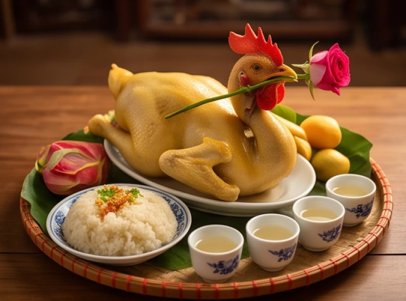 Mâm lễ mặn với gà luộc ngậm hoa hồng, đĩa xôi và các chén rượu trắng dâng Công Đồng