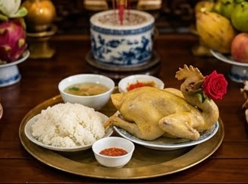 Văn khấn ngày tiệc Quốc Mẫu Tây Thiên: Bài cúng chuẩn 15/2 5 Mâm lễ mặn truyền thống với xôi trắng và gà trống luộc ngậm hoa hồng dâng ban Mẫu