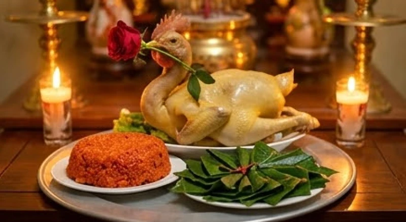 Mâm lễ mặn gồm gà luộc ngậm hoa hồng, xôi gấc và trầu cau dâng ban Công Đồng