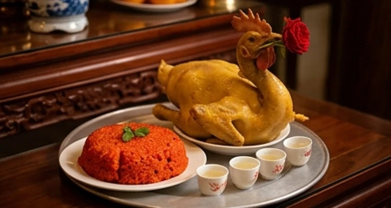 Mâm lễ mặn gồm xôi gấc, gà luộc ngậm hoa hồng và rượu trắng được sắp xếp gọn gàng để dâng lên Ban Công Đồng.