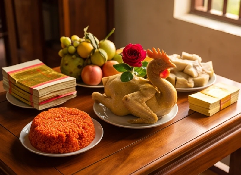 Văn khấn Quốc Mẫu Tây Thiên: Bài khấn chuẩn & Lộ trình dâng lễ 4 Mâm lễ mặn dâng ban Công đồng được bày biện chỉn chu với xôi gấc và gà luộc chéo cánh