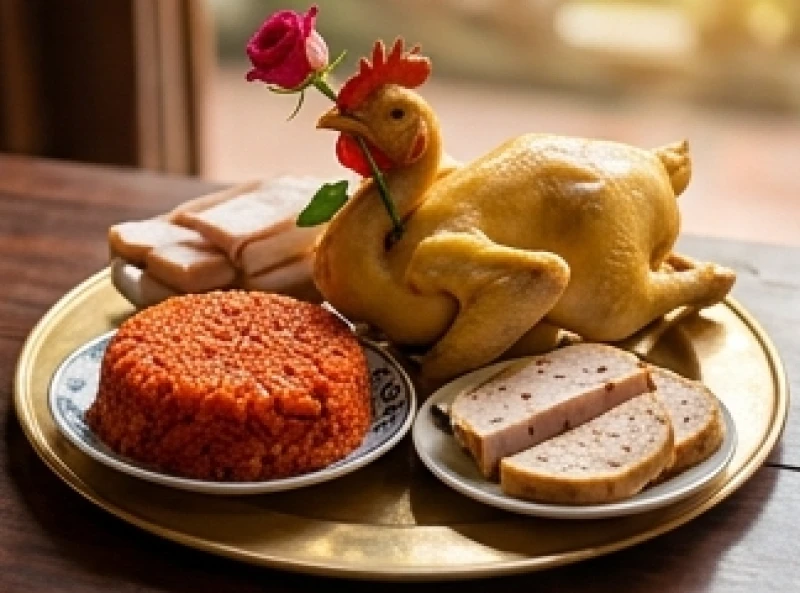 Mâm lễ mặn tiêu chuẩn với xôi gấc, gà luộc nguyên con và giò lợn được chuẩn bị dâng các quan