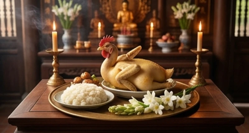 Mâm lễ mặn dâng ban Công Đồng với gà luộc chéo cánh và xôi trắng bày biện trang nghiêm