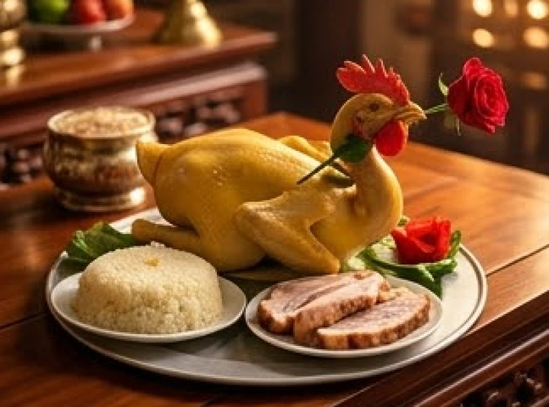 Mâm lễ mặn tươm tất với gà luộc ngậm hoa hồng đỏ và xôi nếp dâng lên Ban Trình Công Đồng