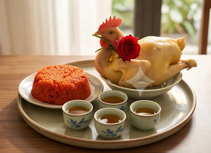 Mâm cúng mặn có gà trống luộc chéo cánh, xôi gấc và bộ tam sên được bày biện ngay ngắn