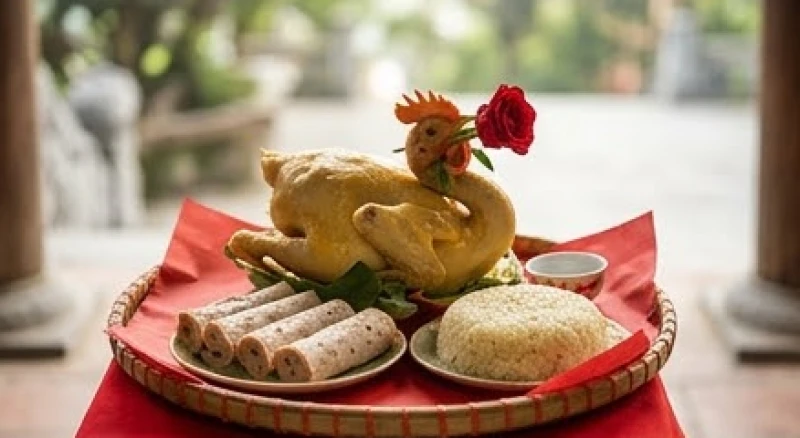 Văn khấn xin lộc Quốc Mẫu Tây Thiên: Sắm lễ & Bài khấn làm ăn 3 Mâm lễ mặn trang trọng với gà luộc ngậm hoa hồng dâng ban Công Đồng