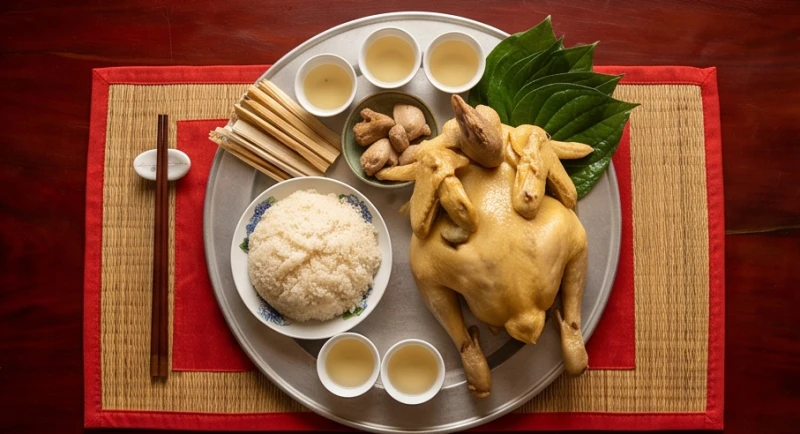 Mâm lễ mặn gồm gà luộc chéo cánh tiên và xôi nếp tươm tất dâng các ban