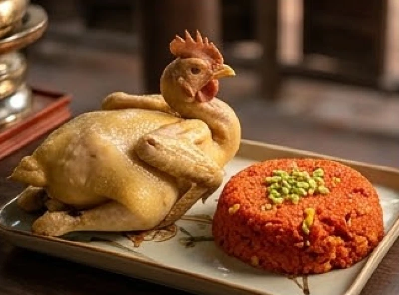 Gà luộc nguyên con chéo cánh phượng đẹp mắt đặt cạnh đĩa xôi gấc dâng lên ban Chánh điện