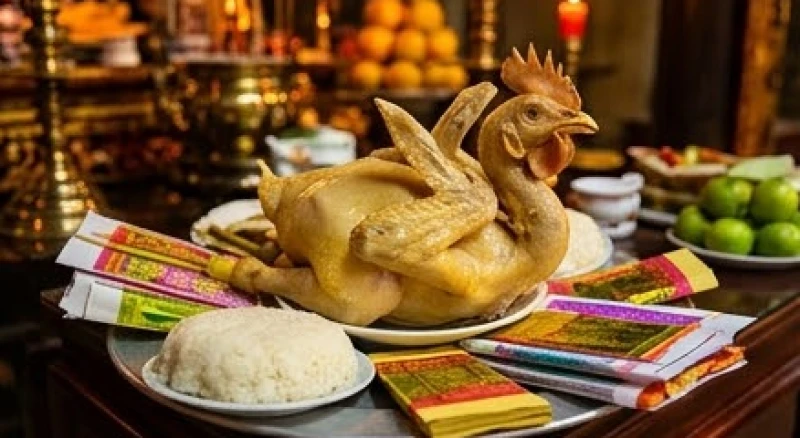 Mâm lễ mặn tươm tất dâng ban Công Đồng với gà luộc chéo cánh, xôi trắng và tiền vàng mã