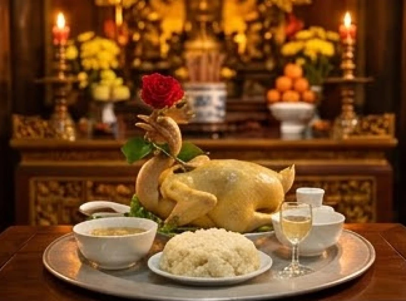 Mâm lễ mặn với gà trống luộc nguyên con ngậm hoa hồng bày trí trang nghiêm dâng ban Công Đồng