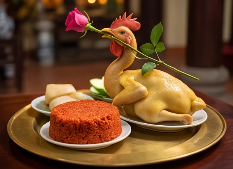 Văn khấn Quan Lớn Tuần Tranh: Bài khấn chuẩn và cẩm nang dâng lễ 5 Đĩa xôi gấc đỏ rực cùng gà trống luộc nguyên con ngậm hoa hồng được bày biện cẩn thận trên ban Công Đồng