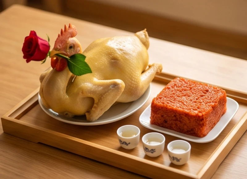 Văn khấn xin lộc Quan Lớn Tuần Tranh: Bài cúng & cách gieo đài 6 Mâm cúng mặn gồm gà trống luộc ngậm hoa hồng đỏ, xôi gấc, rượu trắng được đặt trang trọng trước án