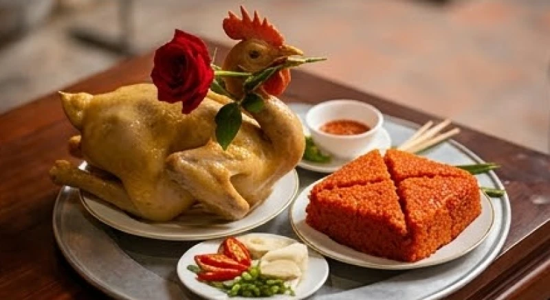 Văn khấn Huyền Thiên Trấn Vũ: Bài khấn chuẩn và nghi thức dâng lễ 5 Mâm lễ mặn trang trọng với gà luộc ngậm hoa hồng và xôi gấc đỏ dâng tại ban Công Đồng.