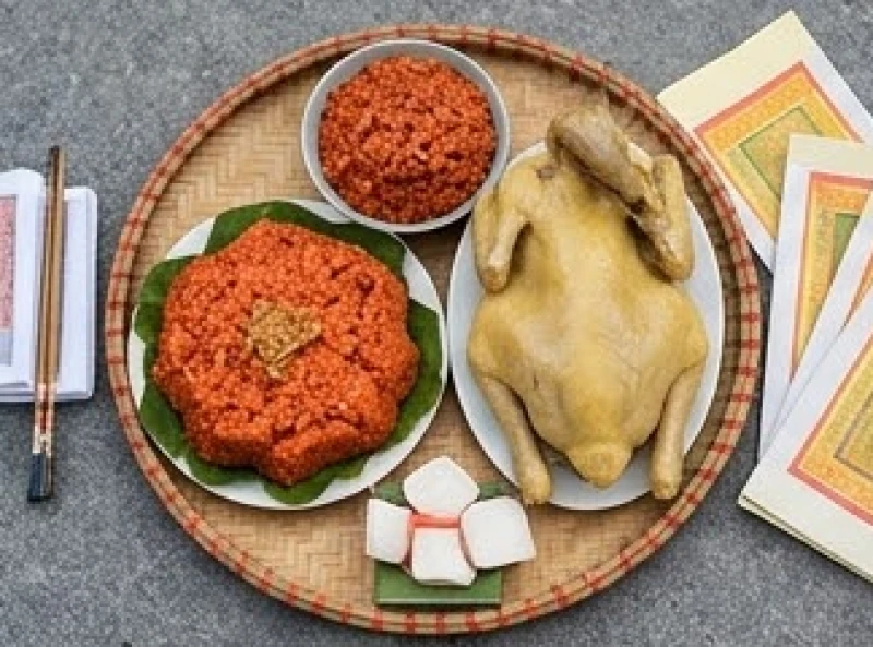 Mâm cúng truyền thống với đĩa xôi gấc đỏ tươi và con gà luộc được chuẩn bị chu đáo để dâng lễ.