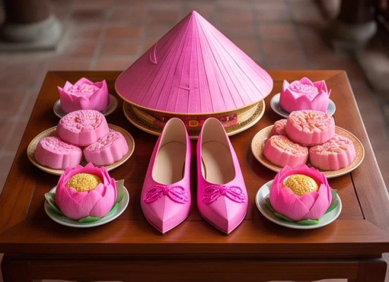 Mâm lễ mã gồm nón lá, hài và áo mang tông màu hồng bản mệnh được chuẩn bị chu đáo để dâng Thánh Cô