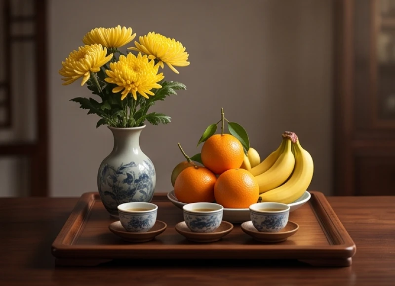 Mâm lễ thanh tịnh gồm hoa cúc vàng và đĩa trái cây tươi được chuẩn bị để nghênh đón Thái Tuế