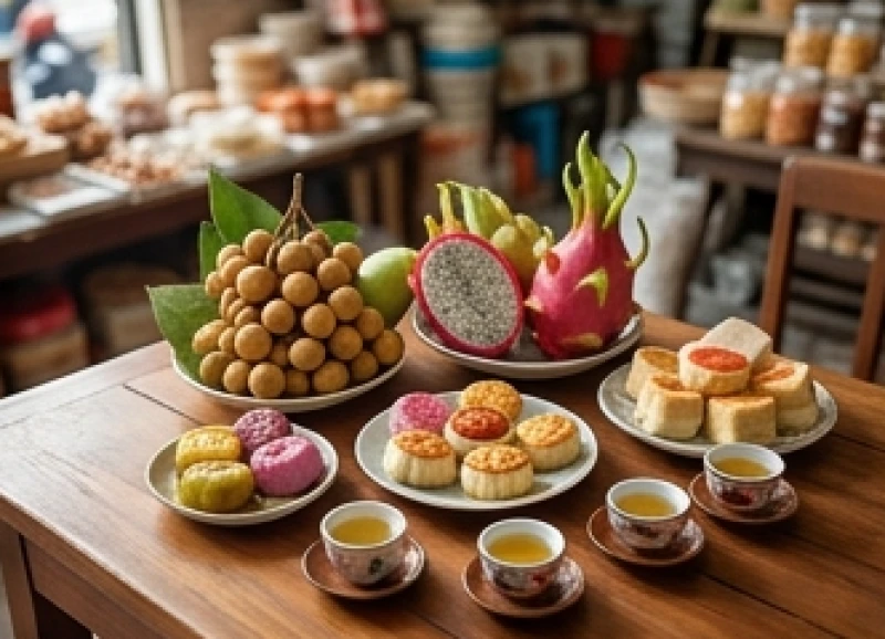 Mâm lễ ngọt với hoa quả và trà để cúng tạ đất đai tại mặt bằng kinh doanh cũ