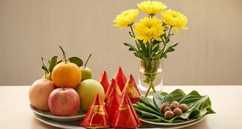 Mâm lễ chay thanh tịnh gồm ngũ quả tươi, oản đỏ và cơi trầu cau dâng lên Mẫu Cửu Trùng