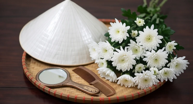 Mâm lễ vật dâng Cô Sáu được chuẩn bị tươm tất với nón lá, bộ gương lược và bó hoa cúc trắng tinh khôi
