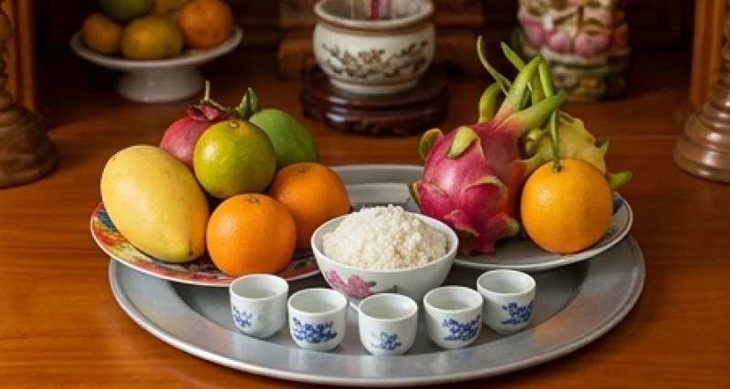 Bát hương Thần Tài bốc cháy là điềm gì: Cách xử lý & bài khấn 8 Mâm lễ vật trang nghiêm gồm hoa quả tươi ngũ sắc, xôi trắng và rượu sạch được chuẩn bị chu đáo để dâng lên ban thờ