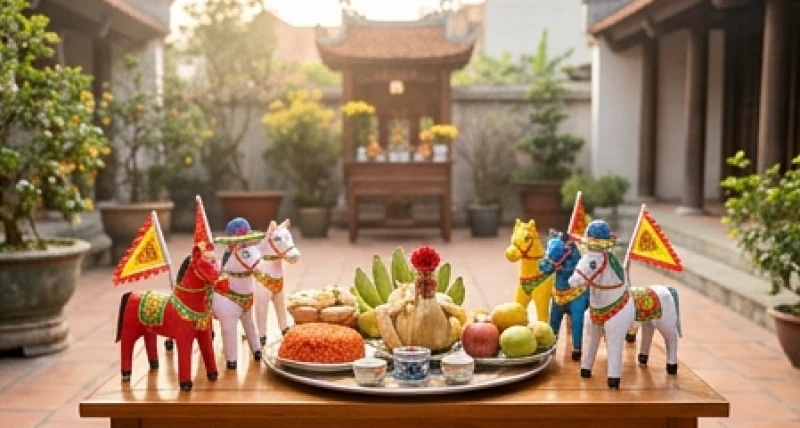 Văn khấn tạ đất đầu năm: Sắm mâm lễ và trình tự cúng bài bản 1 Mâm lễ tạ đất ngoài sân với đầy đủ gà luộc, xôi gấc và bộ ngựa giấy ngũ phương
