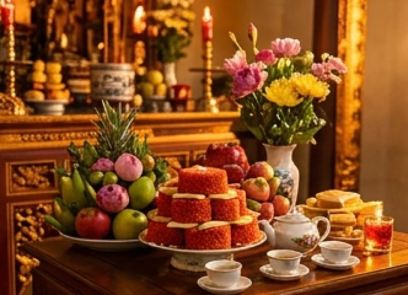 Mâm lễ tạ ơn tươm tất được tín chủ sắm sửa dâng đền vào dịp tháng Chạp cuối năm