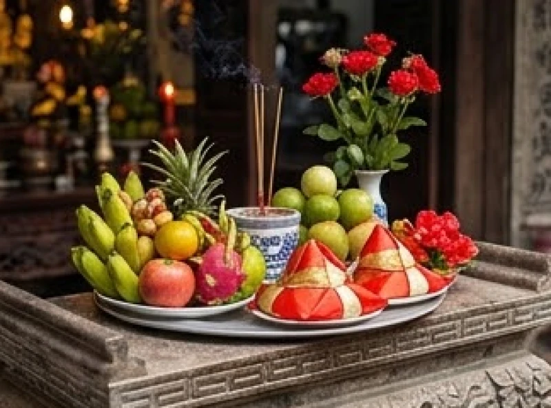 Mâm lễ tạ ân dâng tại ban Mẫu Tứ Phủ được sắp xếp gọn gàng với hoa quả tươi và oản tài lộc