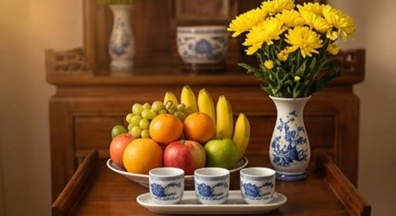 Mâm lễ vật đơn giản với đĩa trái cây tươi và bình hoa cúc vàng được dâng lên bàn thờ để tạ lỗi