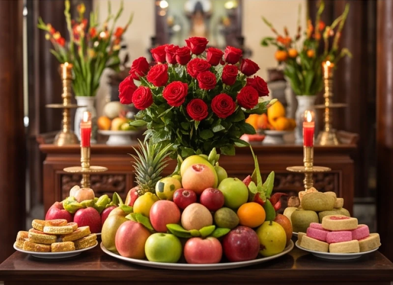 Mâm lễ vật tạ ơn thịnh soạn dâng lên Điện Mẫu sau khi tín chủ đã tìm được nhân duyên như ý nguyện