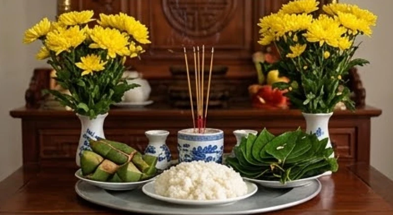 Mâm lễ dâng lên bàn thờ gia tiên gồm đĩa xôi trắng, hoa cúc tươi và trầu cau được bày biện trang nghiêm