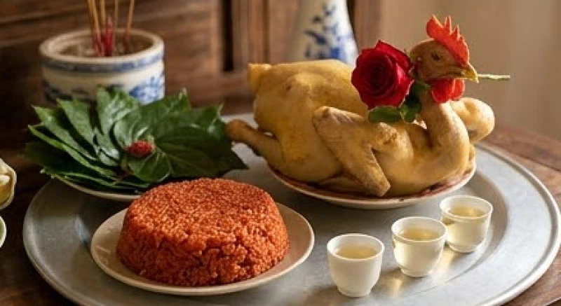 Mâm lễ mặn cúng thay bàn thờ gia tiên với gà luộc, xôi gấc và trầu cau tươi xanh.