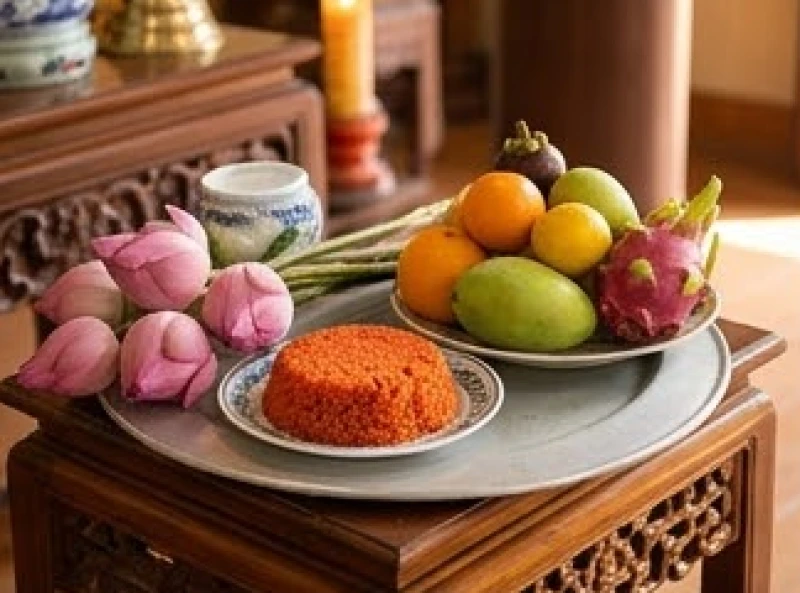 Văn khấn Vu Lan tại chùa: Trình tự hành lễ và bài cúng chuẩn 1 Mâm lễ vật thuần chay thanh tịnh được sắp xếp gọn gàng để dâng lên ban Tam Bảo dịp Vu Lan