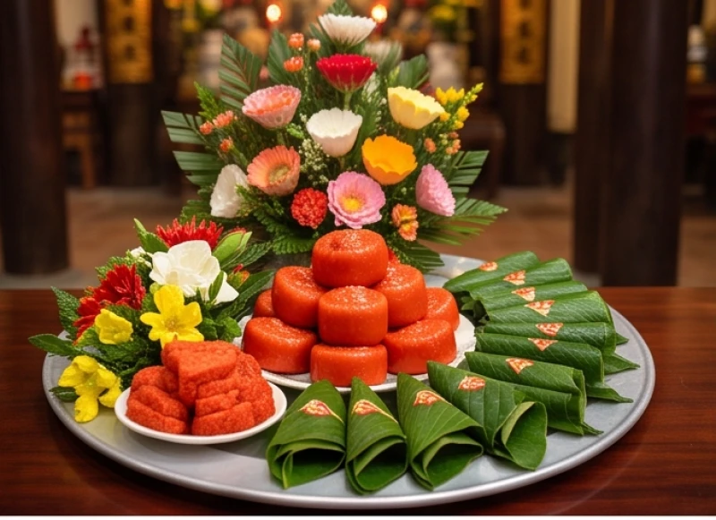 Mâm lễ thuần chay dâng đền Sòng Sơn gồm hoa tươi, oản đỏ và trầu cau têm cánh phượng
