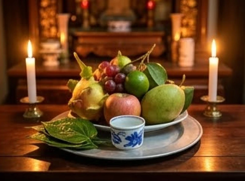 Văn khấn lễ hội Đền Và: Bài cúng chuẩn & quy trình đi lễ 2 Mâm lễ trái cây tươi và chén nước sạch được đặt trang trọng trên ban thờ gia tiên trước khi xuất hành đi lễ