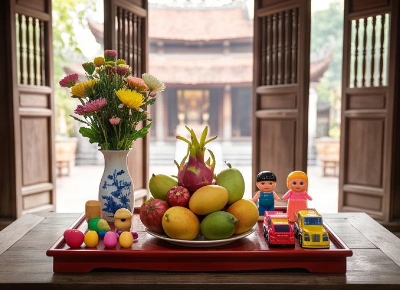 Văn khấn cầu con tại chùa: Bài khấn chuẩn, lễ vật và văn tạ lễ 1 Mâm lễ vật cầu con bao gồm trái cây tươi, hoa cúng và đồ chơi trẻ em được sắp xếp gọn gàng trên ban thờ