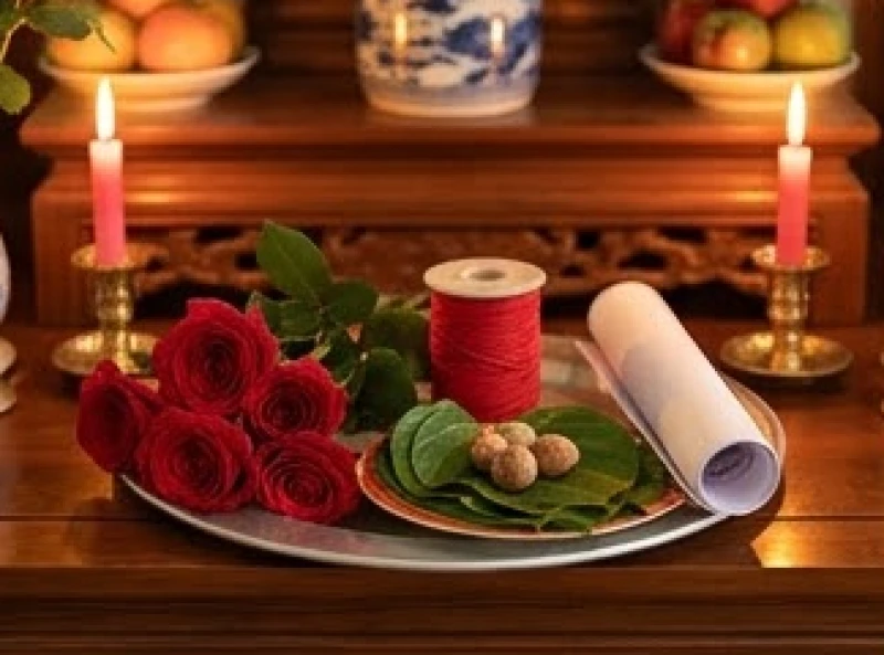 Mâm lễ vật cầu duyên gồm hoa hồng đỏ tươi, sợi chỉ tơ hồng và sớ trạng đặt trang trọng trên ban thờ