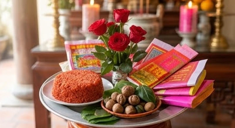 Văn khấn Cô Chín chuẩn nhất: Cách sắm lễ và quy trình dâng hương 1 Mâm lễ dâng Cô Chín nổi bật với sắc đỏ của xôi gấc, hoa hồng đỏ và các vật phẩm tâm linh đặc trưng