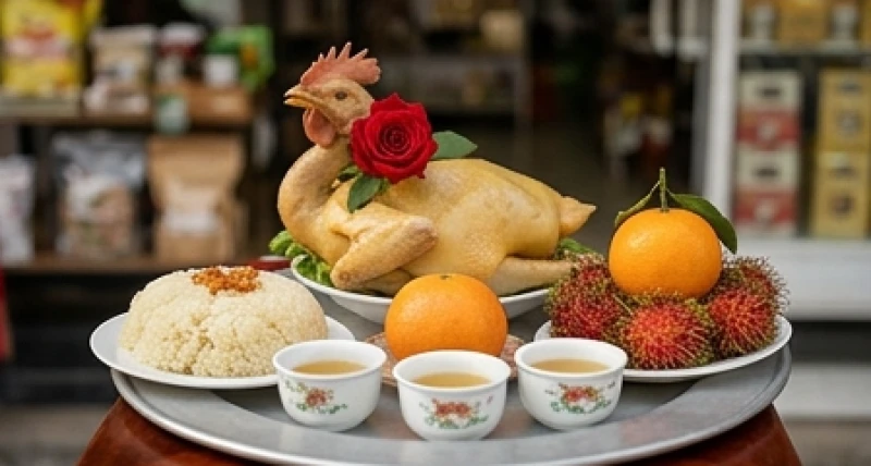 Mâm lễ vật tươm tất với bộ tam sên, xôi chè và gà luộc được chuẩn bị chu đáo