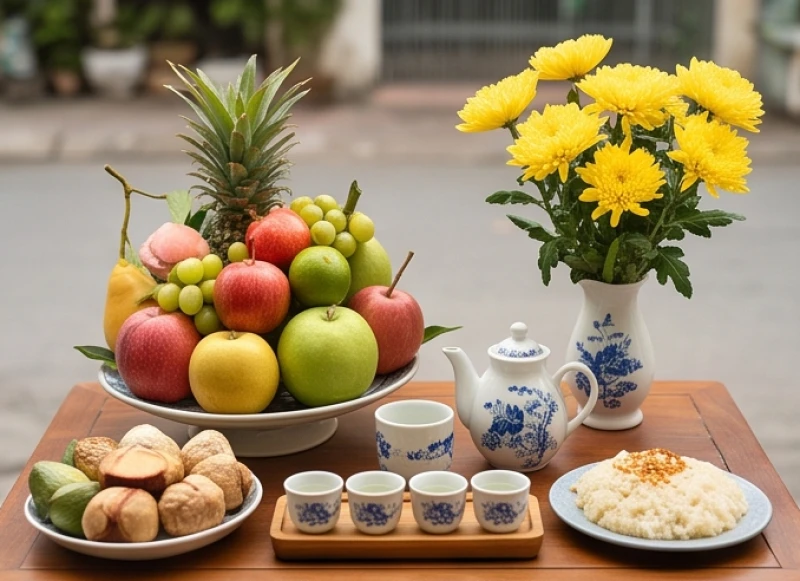 Đầy đủ các món đồ cúng gồm mâm ngũ quả, hoa tươi và rượu trà
