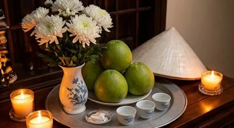 Mâm ngũ quả, bình hoa cúc trắng và các phẩm vật cúng dâng sao Thái Bạch mang tông màu trắng tinh khiết