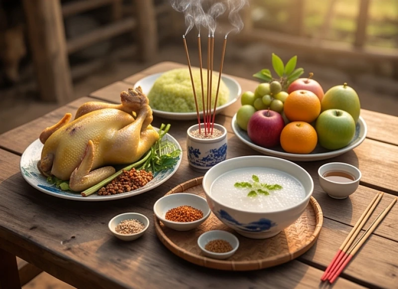 Mâm cúng mặn dành cho đại gia súc và mâm chay dành cho tiểu gia súc được bày trí đẹp mắt trên bàn gỗ nhỏ