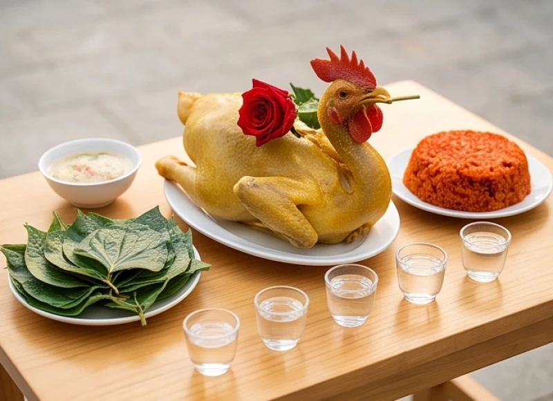 Mâm cúng mặn với gà luộc ngậm hoa hồng, đĩa xôi gấc, trầu cau và rượu trắng đặt trên bàn gỗ