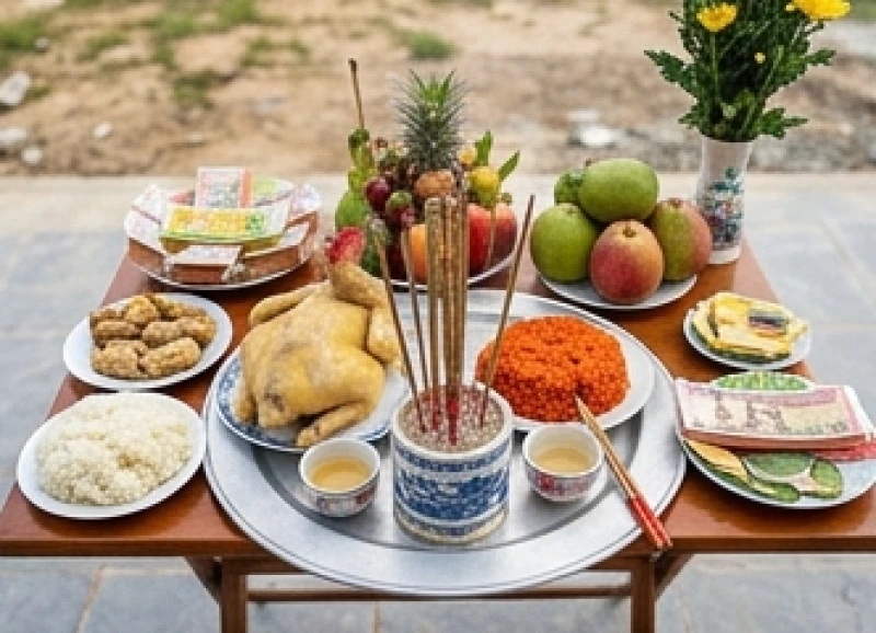 Văn khấn động thổ khi mượn tuổi: Bài cúng và thủ tục chuộc nhà 2 Các lễ vật truyền thống được chuẩn bị đầy đủ trên mâm cúng động thổ để dâng lên thần linh