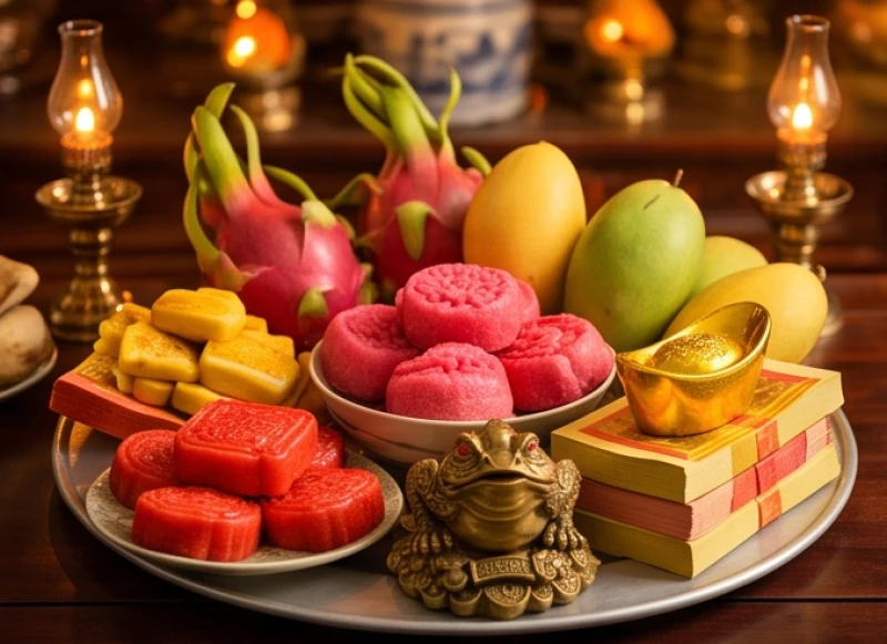 Mâm lễ vật chuyên biệt xin lộc kinh doanh nổi bật với các thỏi vàng mã, bánh kẹo tông màu đỏ hồng rực rỡ