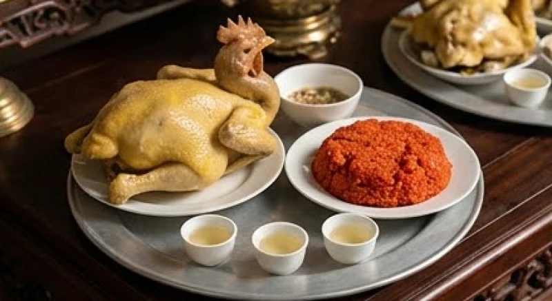 Văn khấn Đức Ông Đệ Tam Cửa Suốt: Bài khấn và cách sắm lễ chuẩn 4 Mâm lễ mặn với gà trống thiến ngậm hoa hồng và xôi đỏ dâng lên Đức Ông