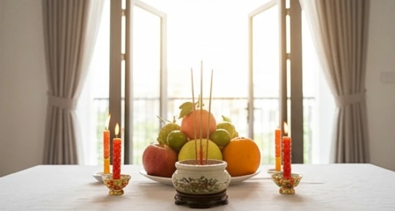 Mâm lễ xông nhà cơ bản gồm ngũ quả, nhang đèn và lư trầm hương đang tỏa khói trong phòng khách