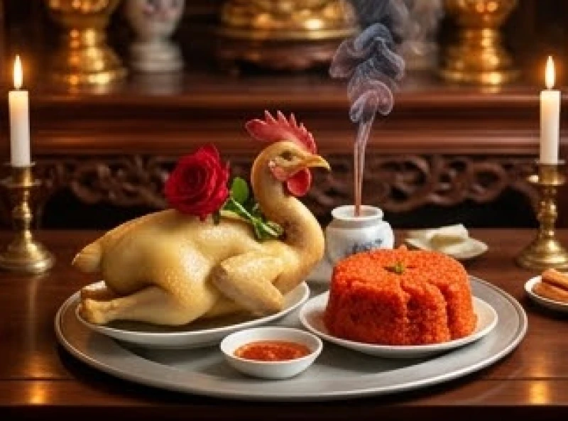 Mâm cúng mặn với gà luộc và xôi gấc đỏ được dâng trang nghiêm tại Ban Công Đồng